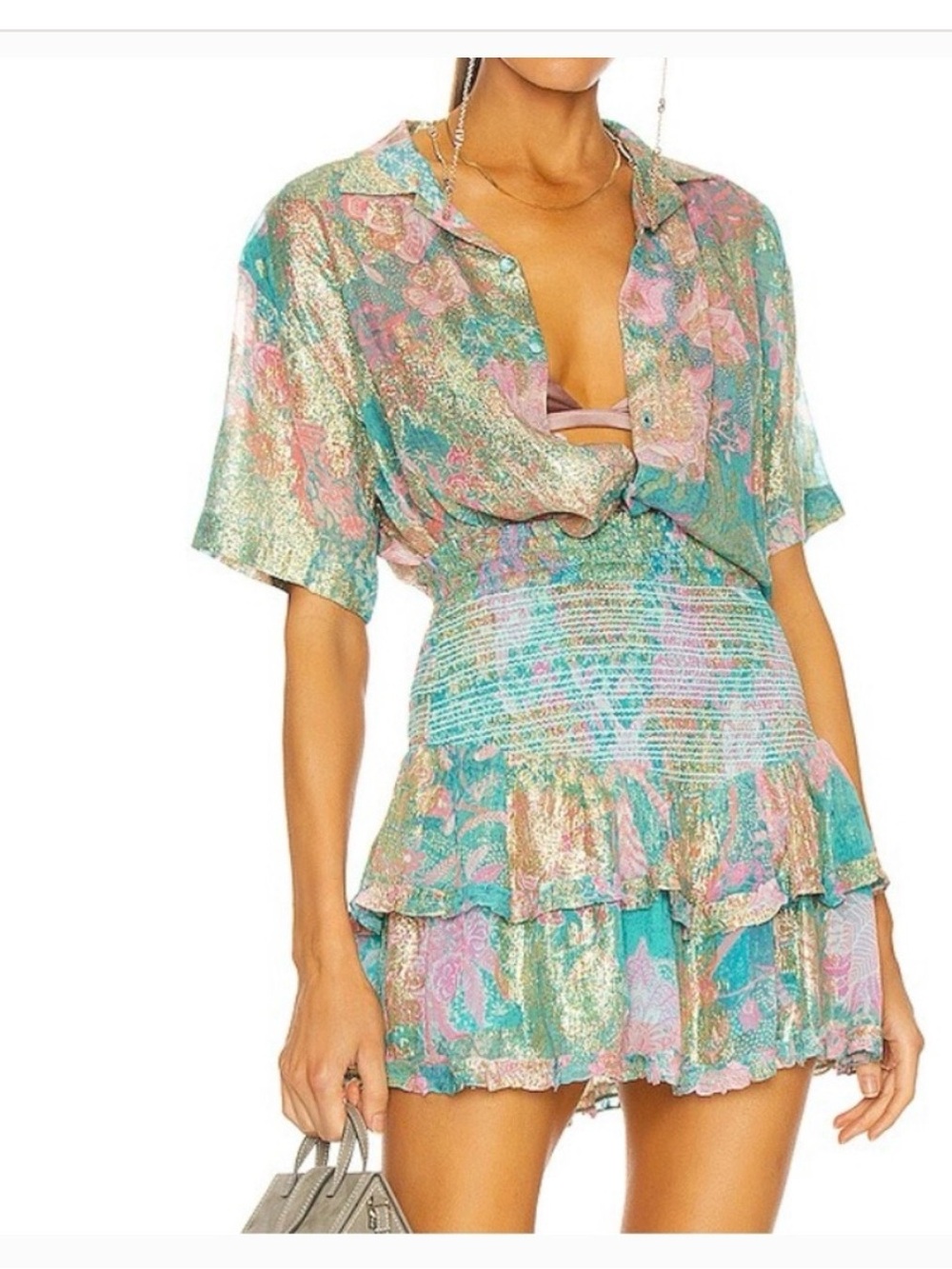 Sheer colorful shirt with metallic thread